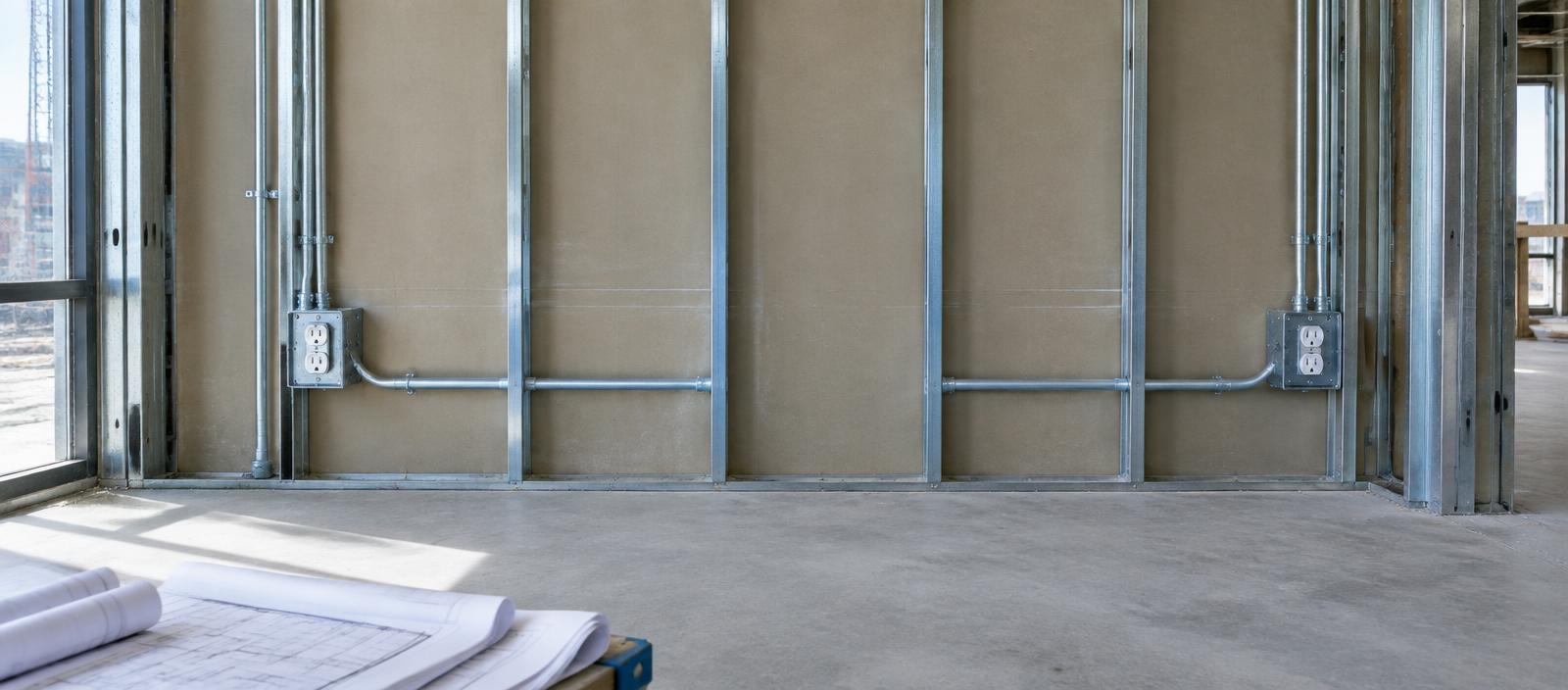 Illustrative electrical conduit and receptacles on an unfinished construction wall